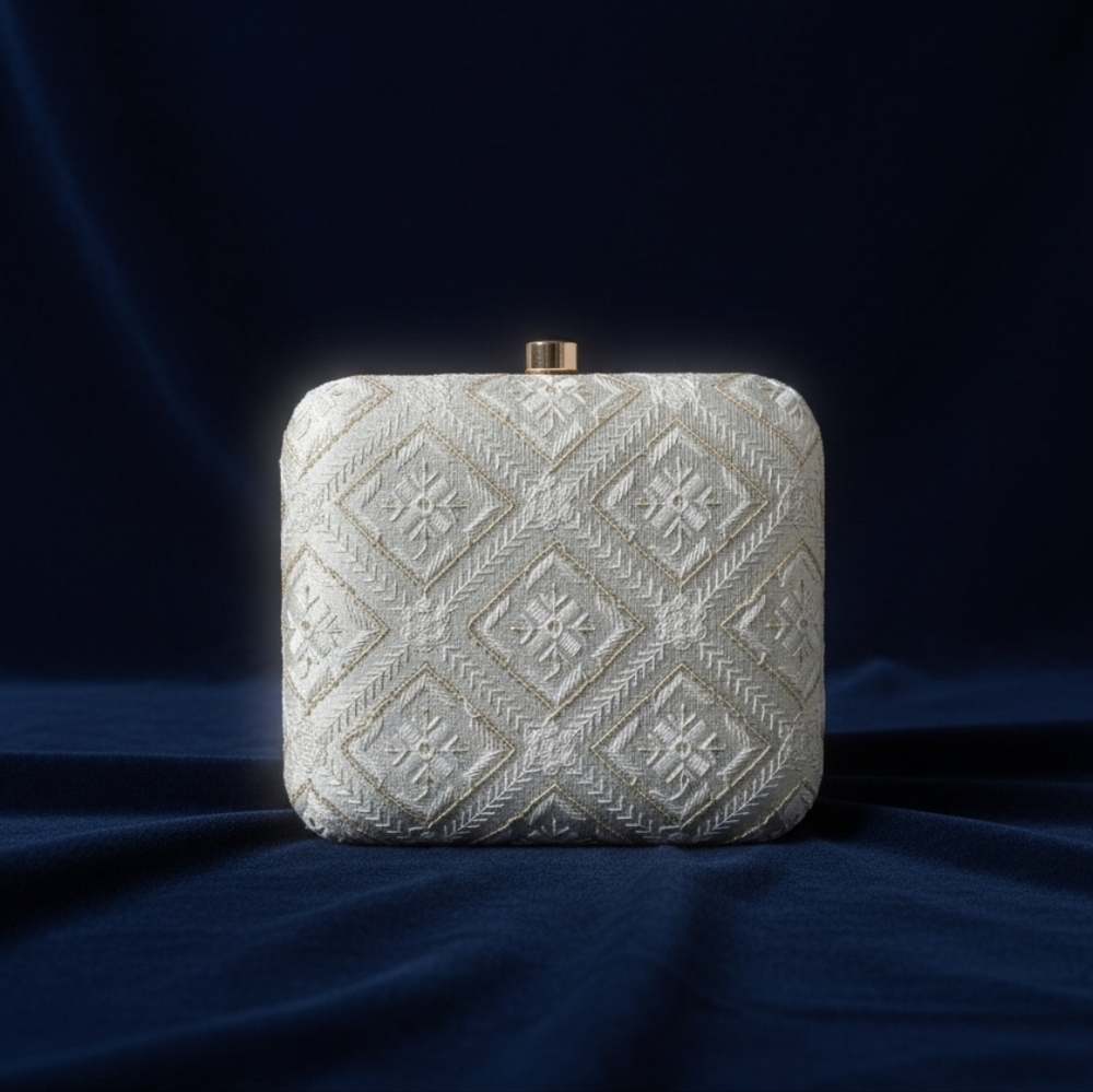 White and Gold Embroidered Clutch